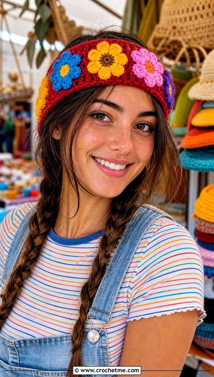 Multicolor Daisy Applique Crochet Headband With Overalls - 15 daisy flower crochet headband outfit ideas