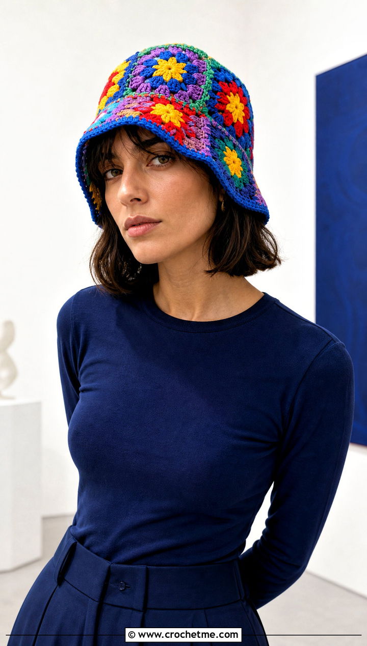 Multicolor Daisy Crochet Bucket Hat With Monochrome Outfit - 25 daisy crochet bucket hat outfit ideas
