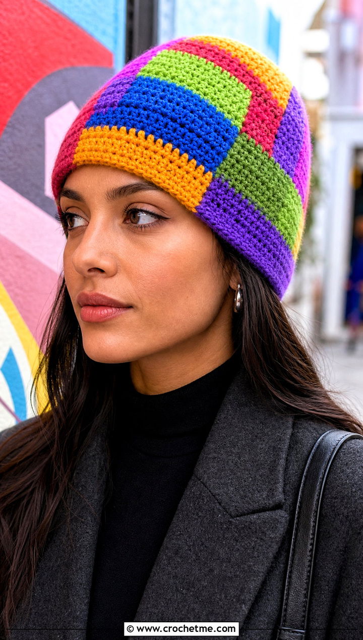 Multicolor Double Crochet Patchwork Hat With Black Outfit - 30 double crochet hat outfit ideas
