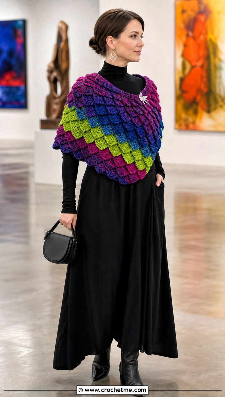 Multicolor Dragon Scale Crocodile Stitch Shawl With Black Basics - 15 crocodile stitch crochet shawl outfit ideas