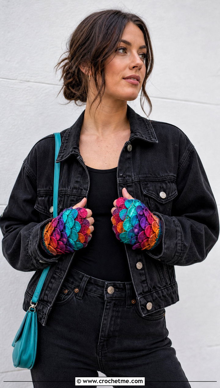 Multicolor Dragon Scale Gloves With Black Denim - 30 dragon scale crochet gloves outfit ideas