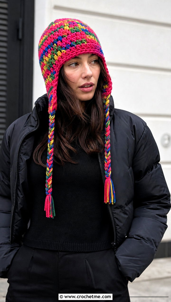 Multicolor Earflap Crochet Beanie With All Black Outfit - 25 Earflap Crochet Beanie outfit ideas