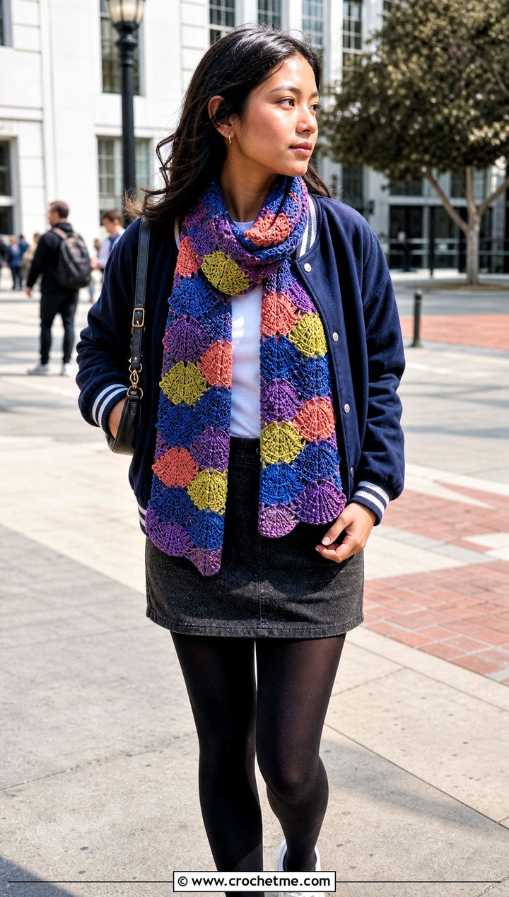 Multicolor Fan Shell Scarf With Varsity Jacket And Mini Skirt - 25 crochet shell scarf outfit ideas