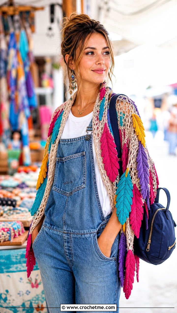 Multicolor Feather Crochet Shawl With Denim Overalls - 30 crochet feather shawl outfit ideas