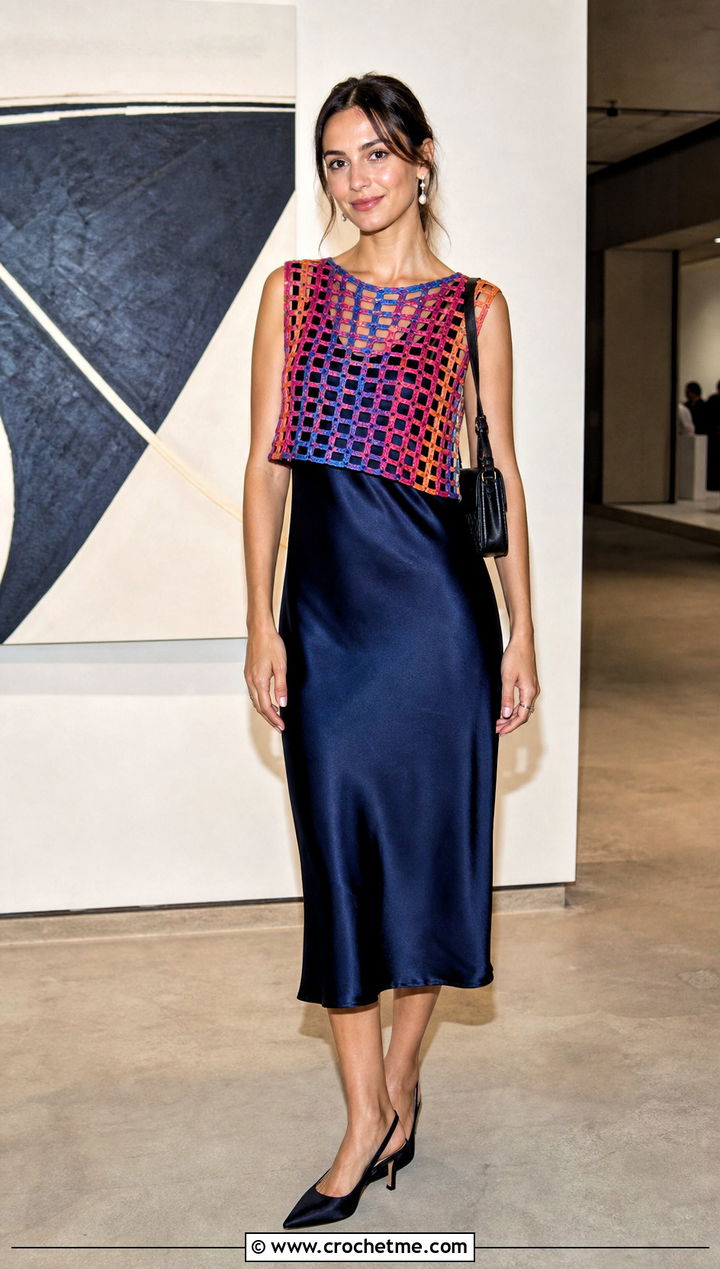 Multicolor Filet Crochet Top With Slip Dress - 35 multicolor crochet top outfit ideas