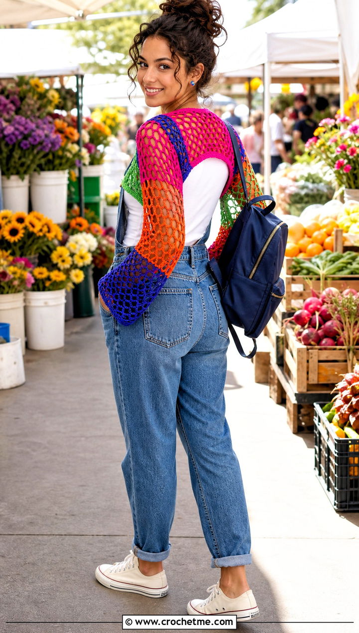 Multicolor Fishnet Crochet Bolero With Denim Overalls - 25 Fishnet Crochet Bolero outfit ideas