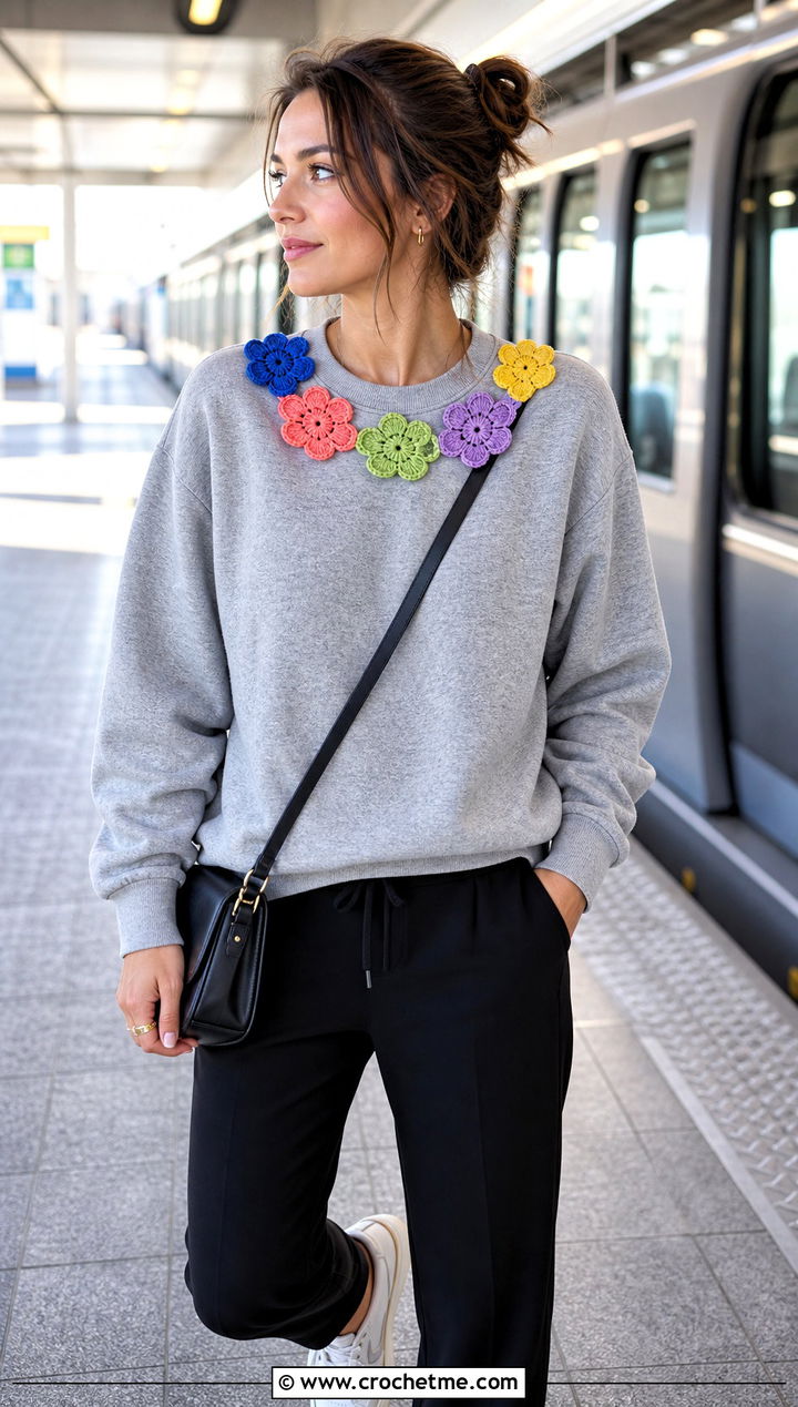 Multicolor Flower Chain Collar With Sweatshirt - 15 handmade floral crochet collar outfit ideas
