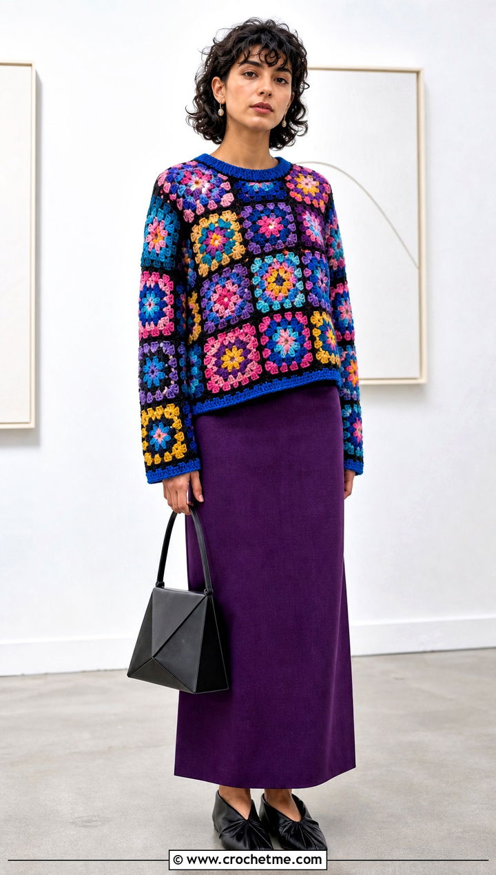 Multicolor Flower Granny Square Sweater With Column Skirt - 35 crochet sweater with flowers outfit ideas