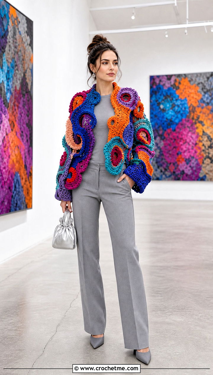 Multicolor Freeform Crochet Jacket With Monochrome Outfit - 35 crocheted jacket outfit ideas