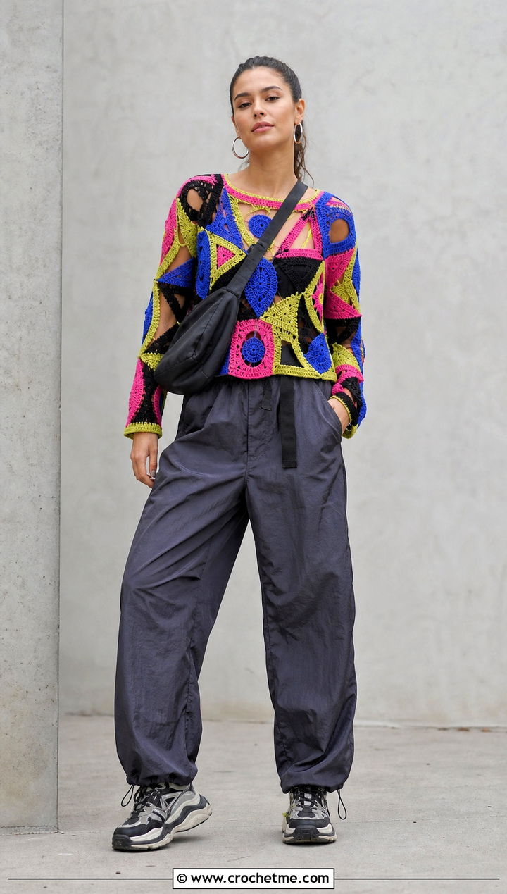 Multicolor Geometric Crochet Top With Parachute Pants - 35 multicolor crochet top outfit ideas