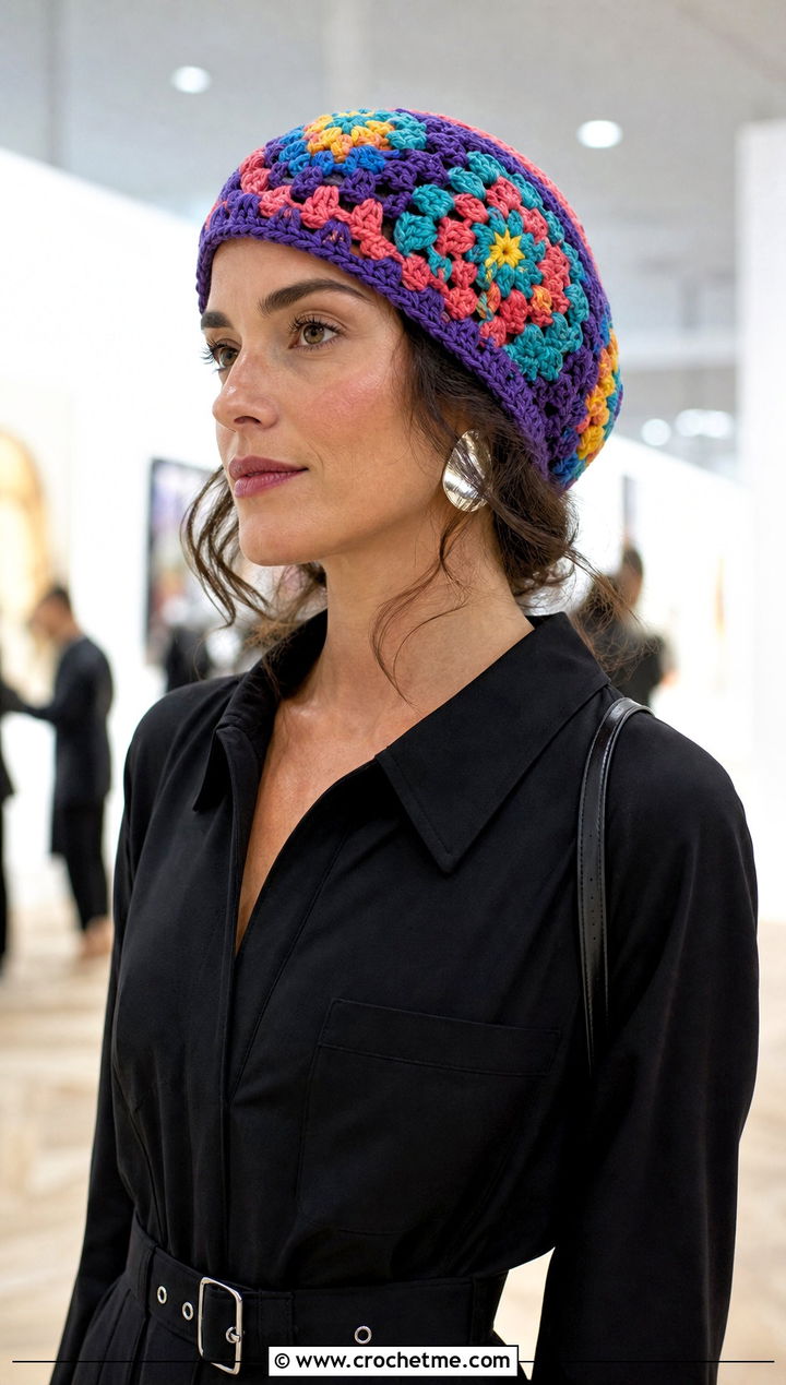 Multicolor Granny Hat With Black Jumpsuit - 30 crochet granny hat outfit ideas
