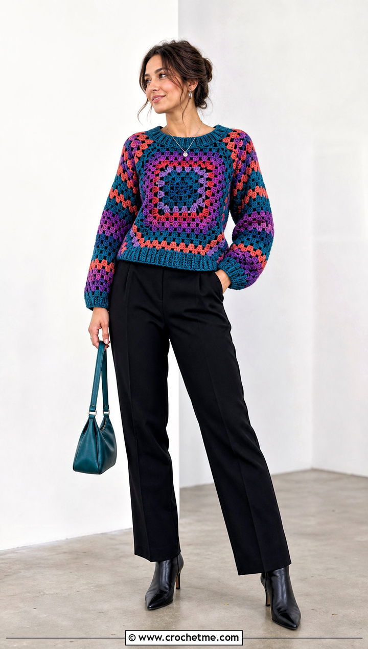 Multicolor Granny Raglan Sweater With Black Trousers - 20 Crochet Granny Raglan Sweater outfit ideas