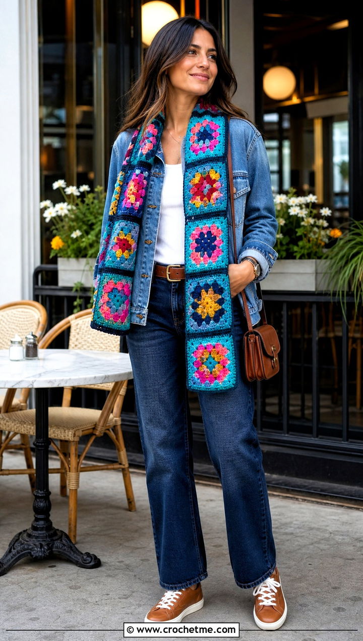 Multicolor Granny Scarf With All Denim Outfit - 35 granny crochet scarf outfit ideas