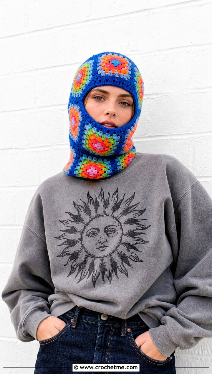 Multicolor Granny Square Balaclava With Graphic Sweatshirt - 30 crochet granny square balaclava outfit ideas