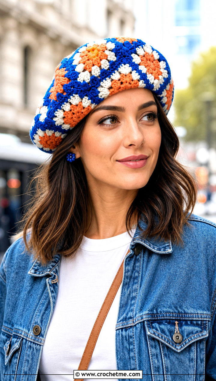 Multicolor Granny Square Beret With Denim Jacket - 25 Granny Square Beret outfit ideas