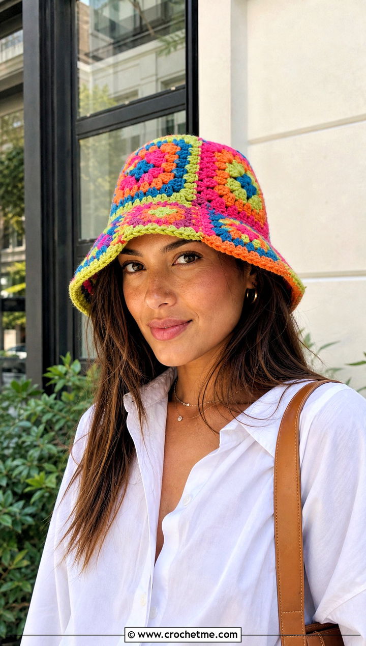 Multicolor Granny Square Bucket Hat With White Shirt - 25 Easy Crochet Granny Square Hats outfit ideas