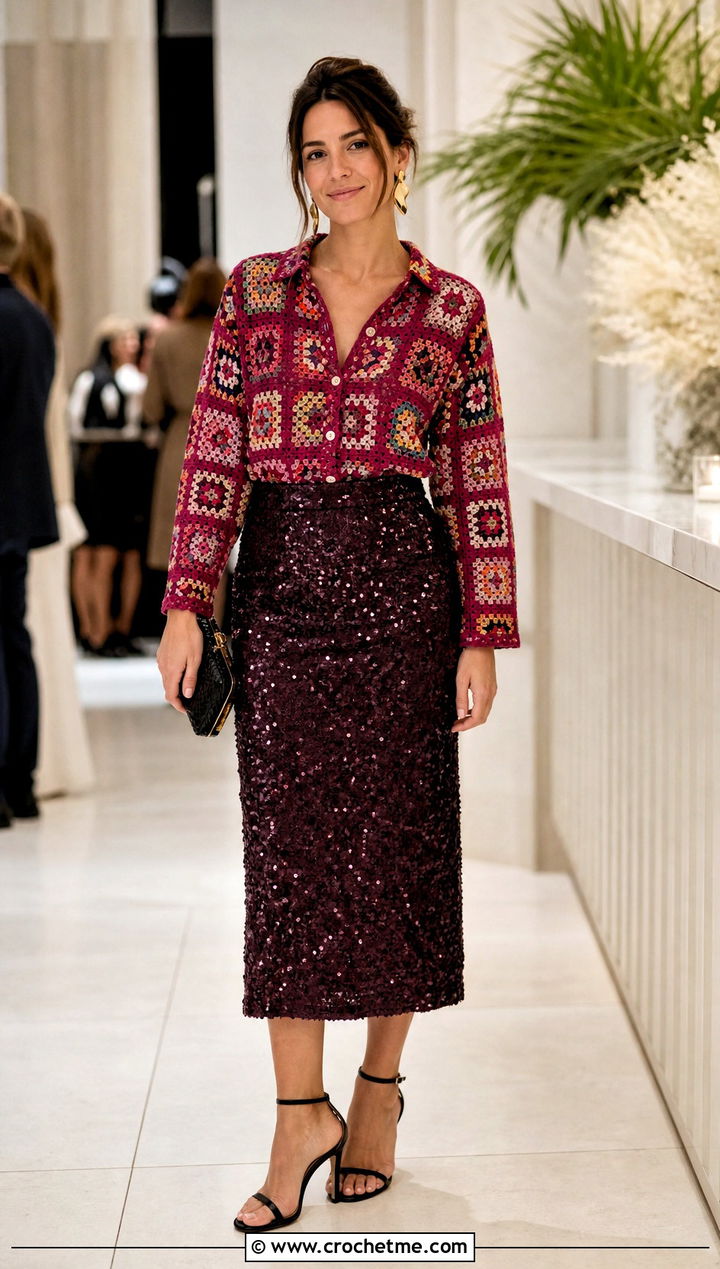 Multicolor Granny Square Button Up Shirt With Sequin Midi Skirt - 25 Granny Square Button Up Shirt outfit ideas