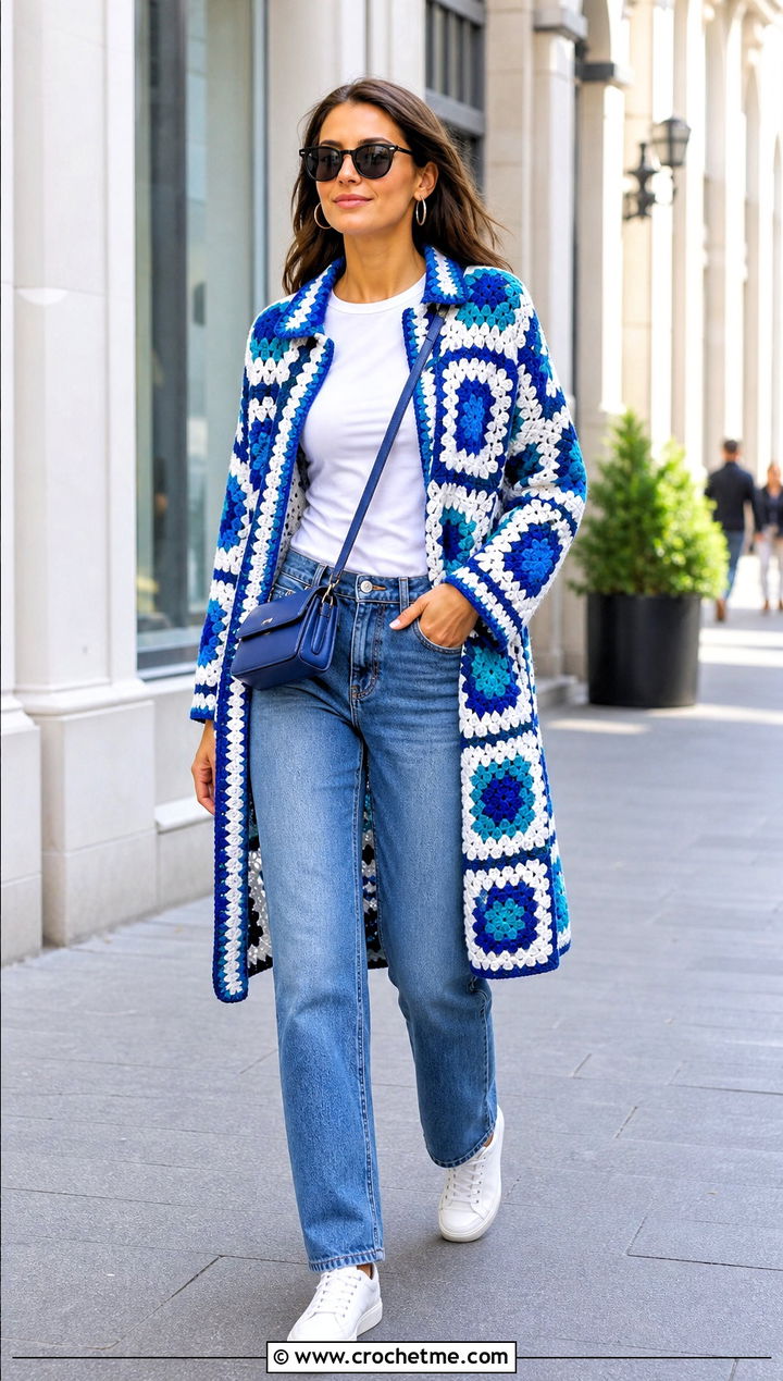 Multicolor Granny Square Car Coat With Straight Leg Jeans - 15 Granny Square Car Coat outfit ideas