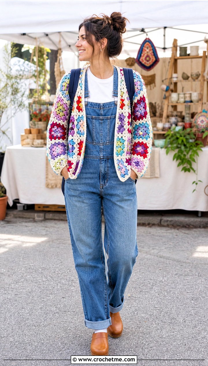 Multicolor Granny Square Cardigan With Denim Overalls - 15 originally lovely granny square cardigan outfit ideas