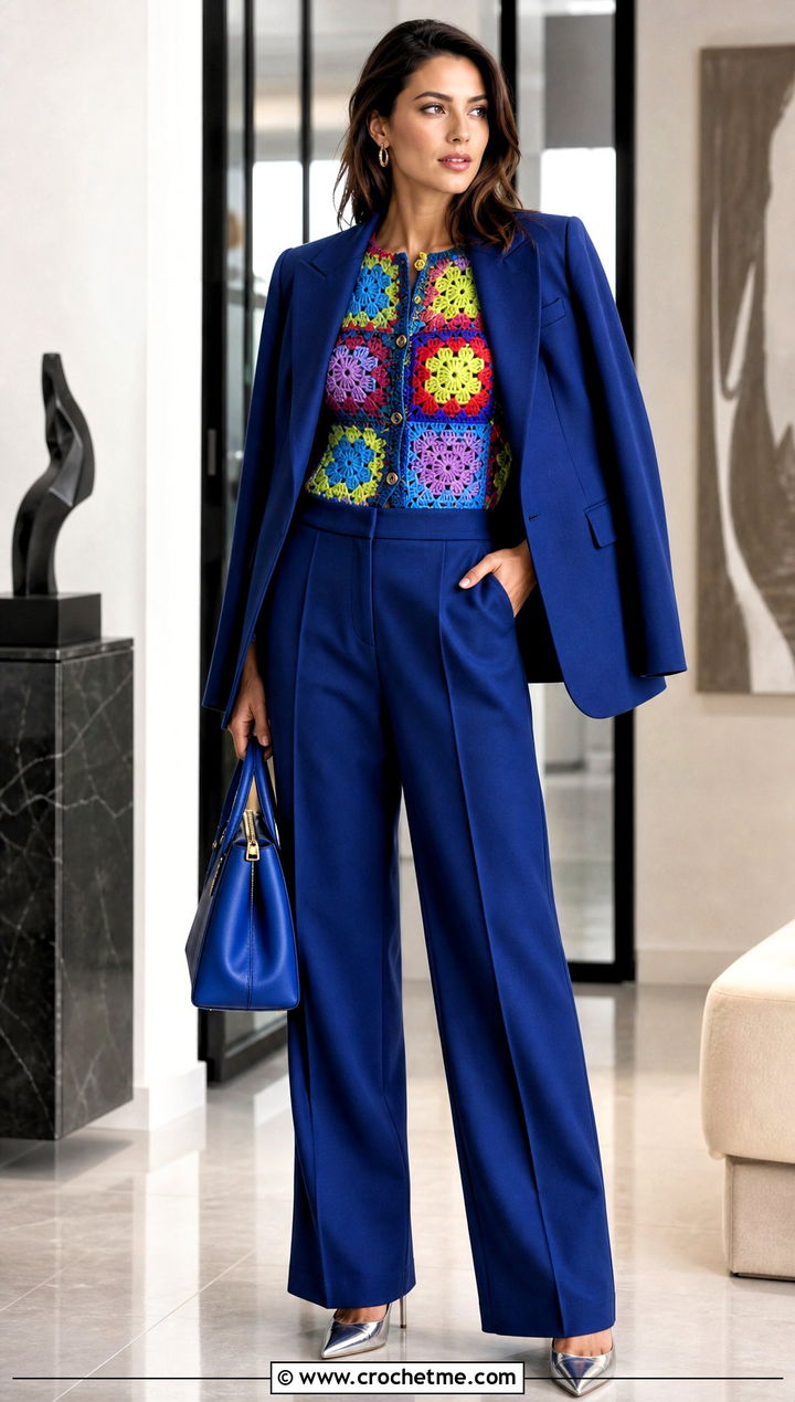 Multicolor Granny Square Cardigan With Matching Suit - 30 crochet granny squares cardigan outfit ideas