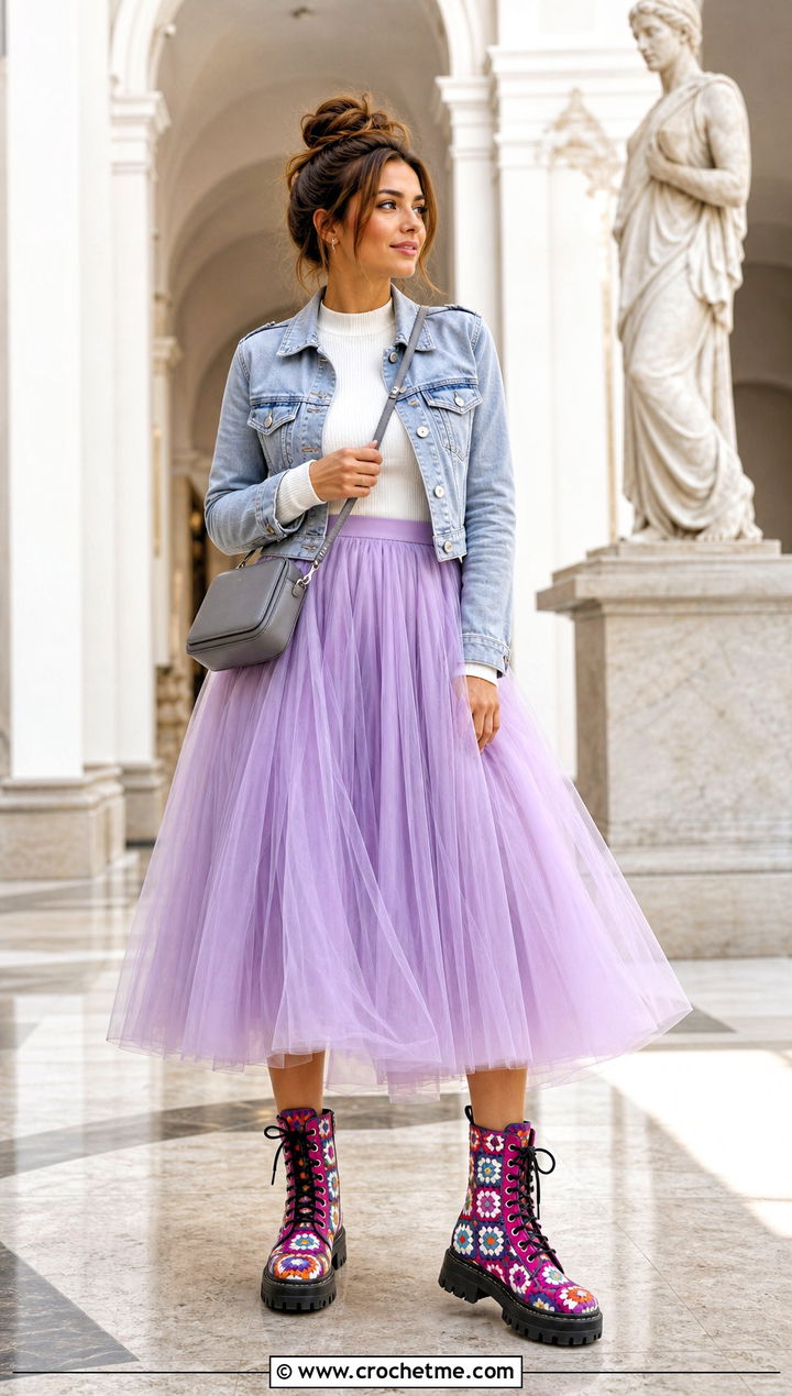 Multicolor Granny Square Combat Boots With A Tulle Skirt - 25 granny square boots outfit ideas