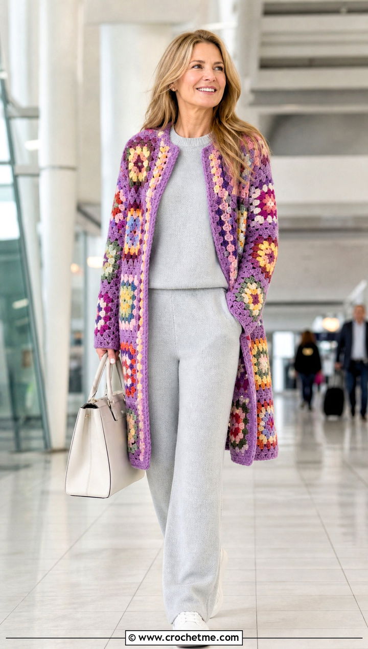 Multicolor Granny Square Crochet Coat With Neutral Knit Set - 25 Granny Square Crochet Coat outfit ideas