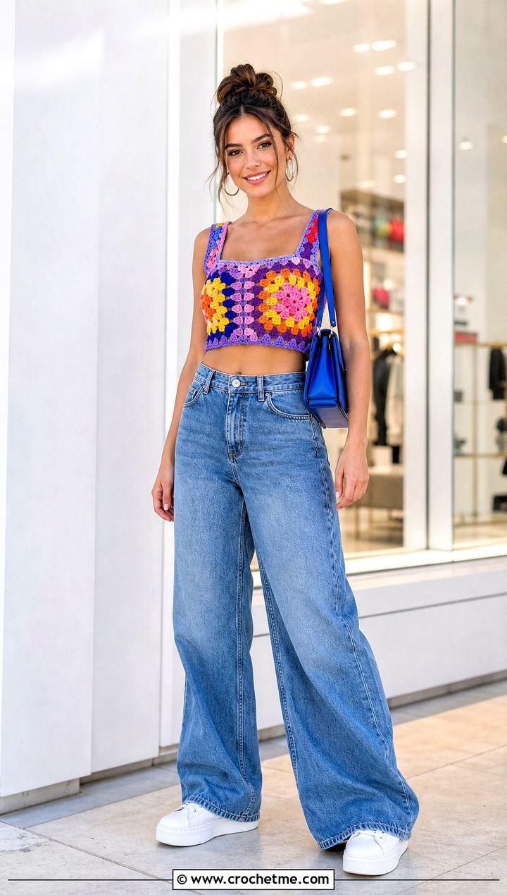 Multicolor Granny Square Crochet Crop Top With Wide Leg Jeans - 35 multicolor crochet top outfit ideas