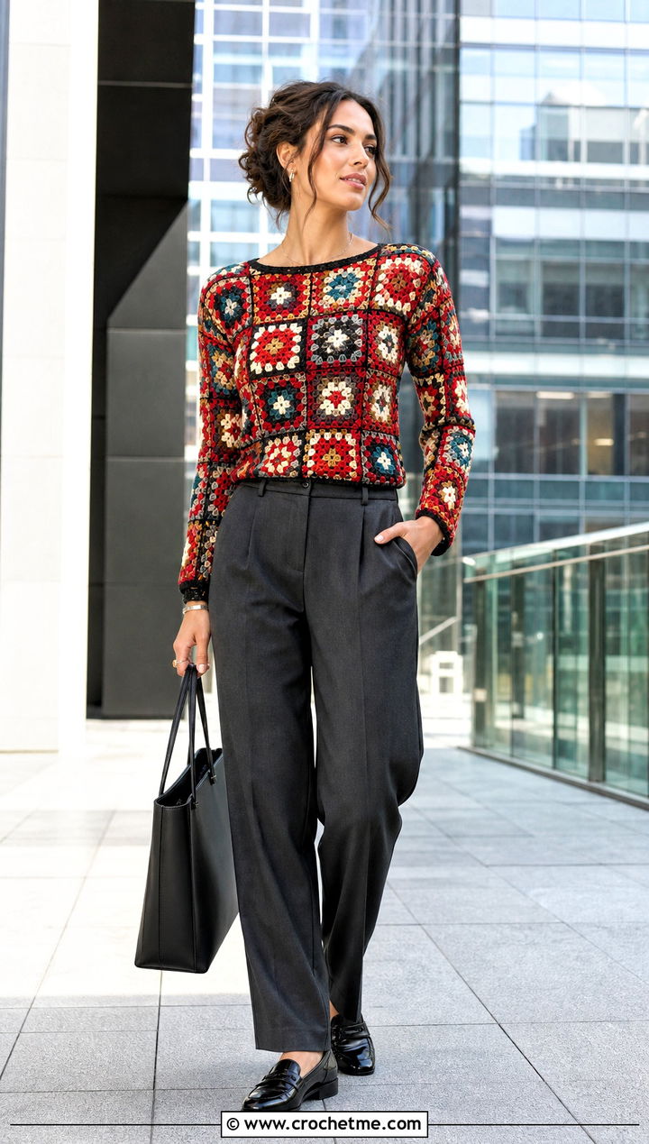 Multicolor Granny Square Crochet Long Sleeve Top With Tailored Trousers - 25 Granny Square Crochet Long Sleeve Top outfit ideas