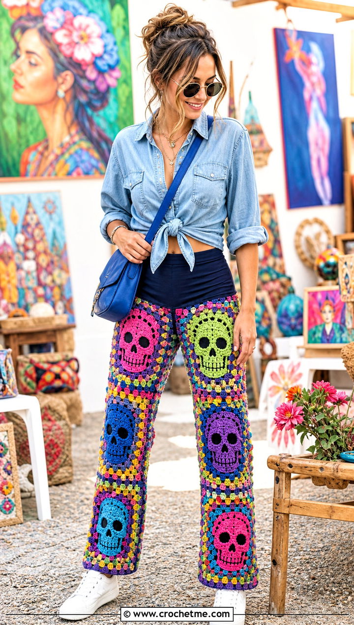 Multicolor Granny Square Crochet Skull Pants With Chambray Shirt - 25 Crochet Skull Pants outfit ideas