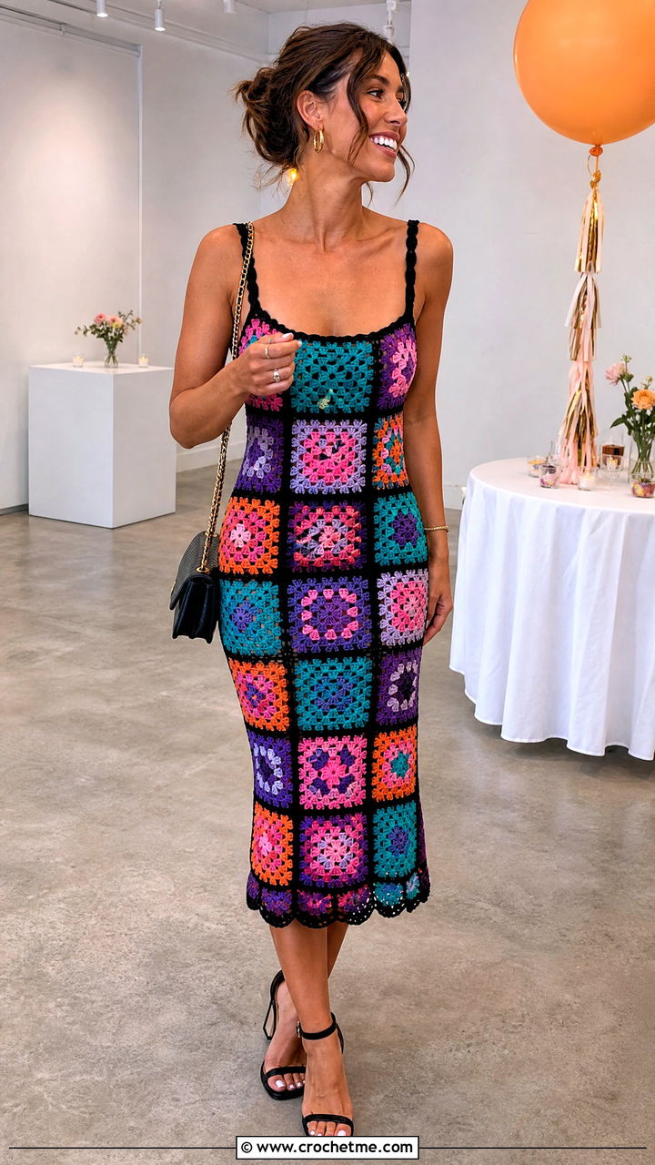 Multicolor Granny Square Dress Birthday Outfit - 35 crochet birthday outfit ideas