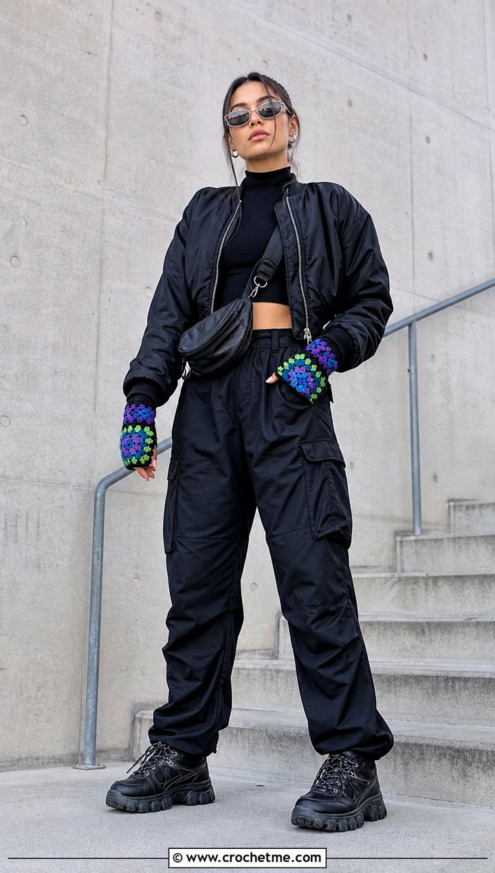 Multicolor Granny Square Fingerless Gloves With Black Streetwear - 35 granny square fingerless gloves outfit ideas