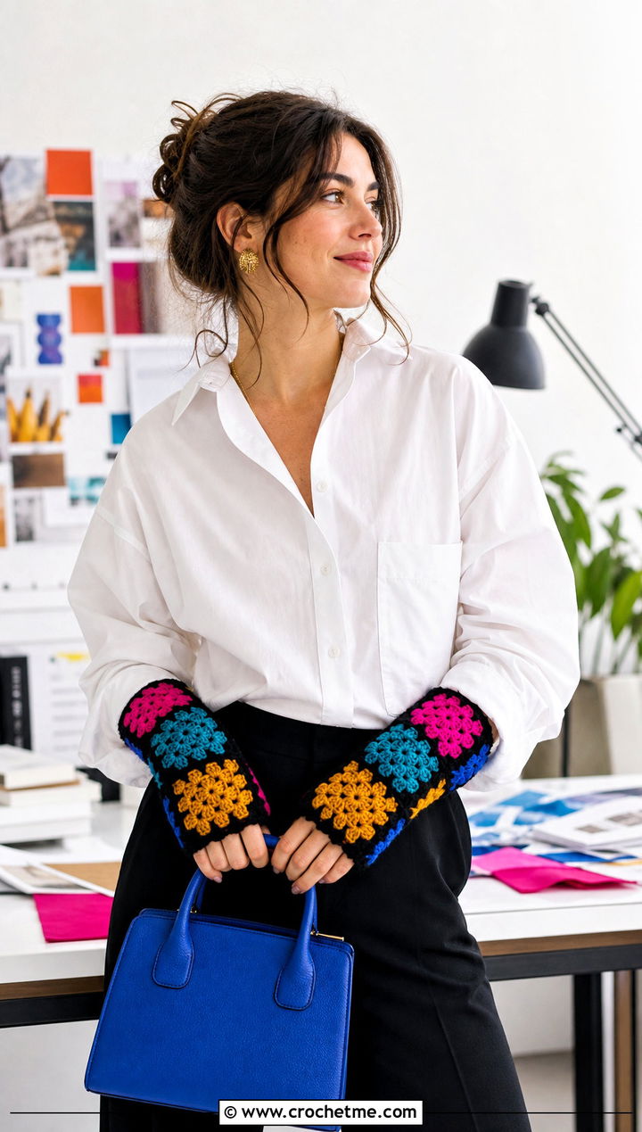 Multicolor Granny Square Fingerless Gloves With White Shirt - 30 crochet granny square fingerless gloves outfit ideas