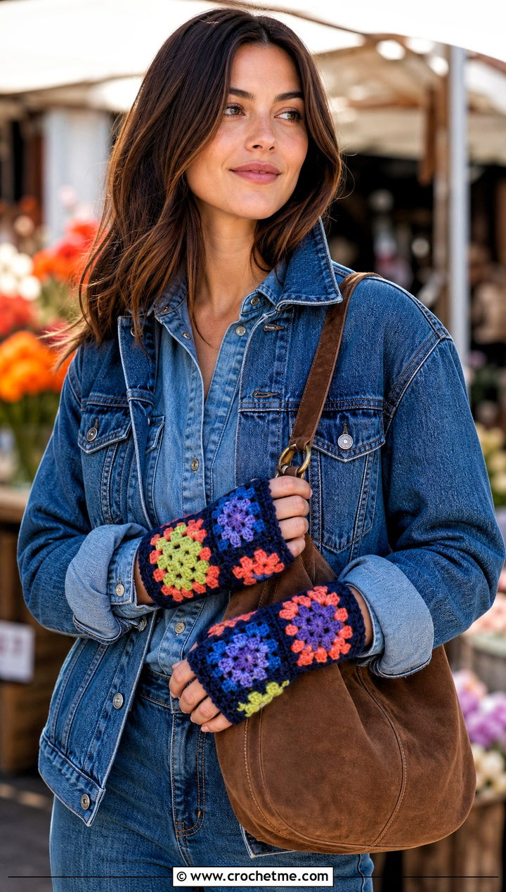 Multicolor Granny Square Gloves With Canadian Tuxedo - 20 Fingerless Granny Square Gloves outfit ideas