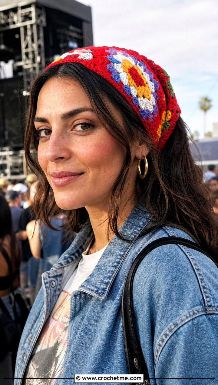 Multicolor Granny Square Hair Scarf With Graphic Tee And Denim Maxi Skirt - 25 granny square hair scarf outfit ideas