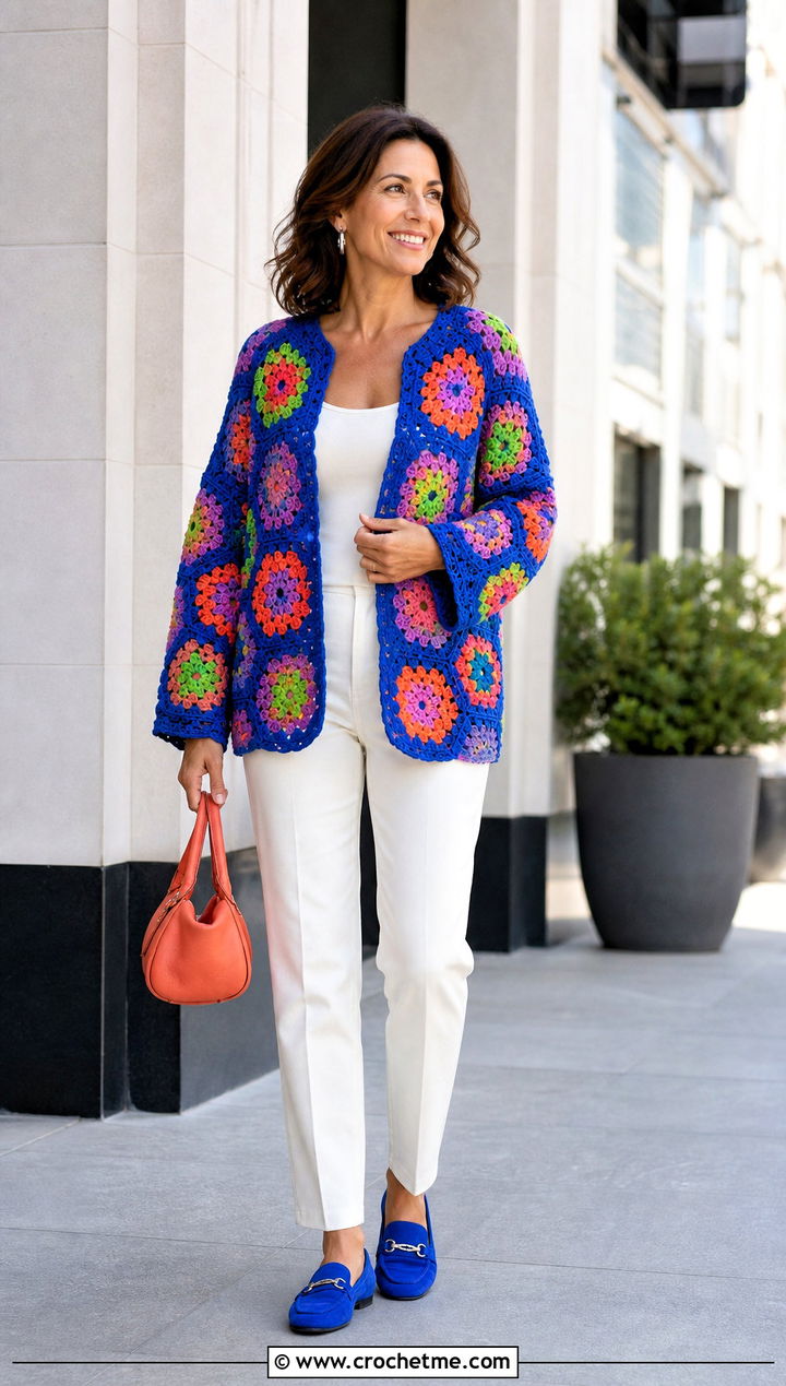 Multicolor Granny Square Hexagon Cardigan With Matching Set - 35 granny square hexagon cardigan outfit ideas