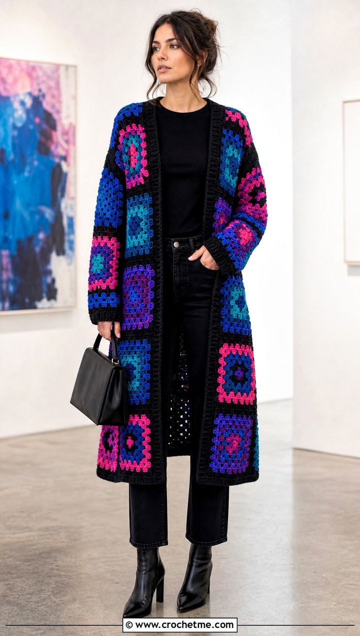 Multicolor Granny Square Long Cardigan With All Black Outfit - 25 granny square long cardigan outfit ideas