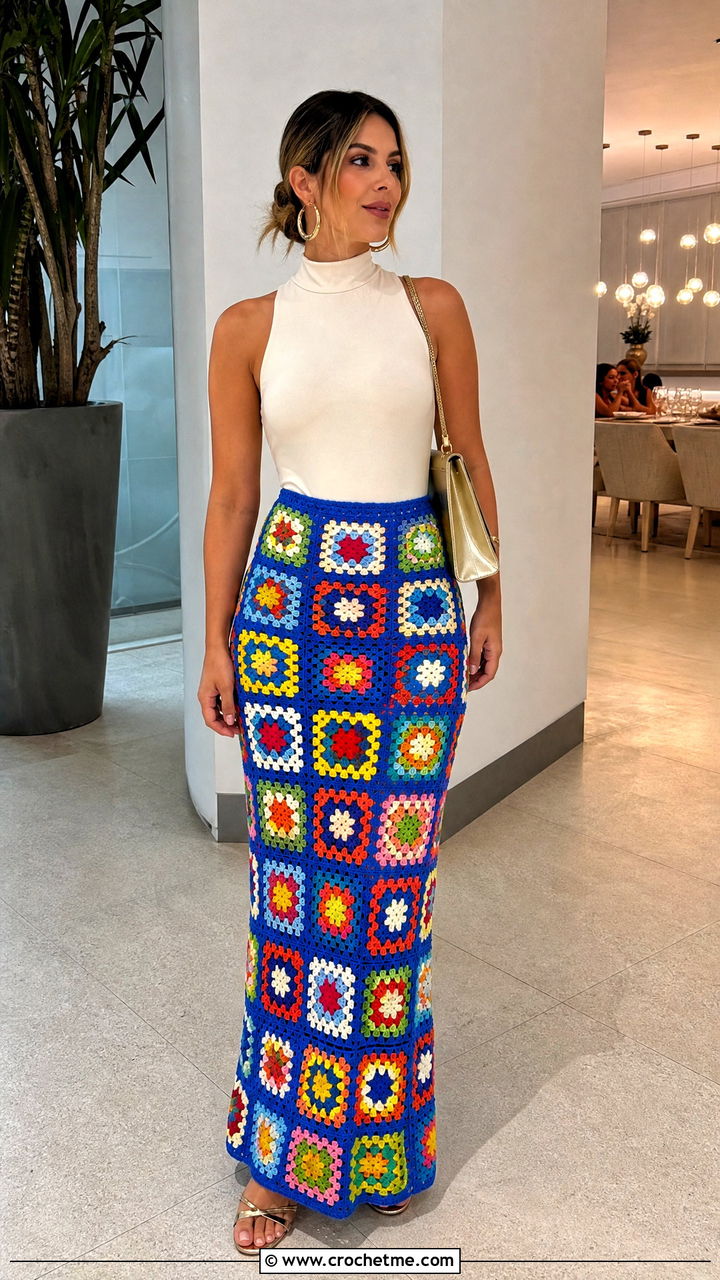 Multicolor Granny Square Maxi Skirt With Minimalist Bodysuit - 35 crochet granny skirt outfit ideas