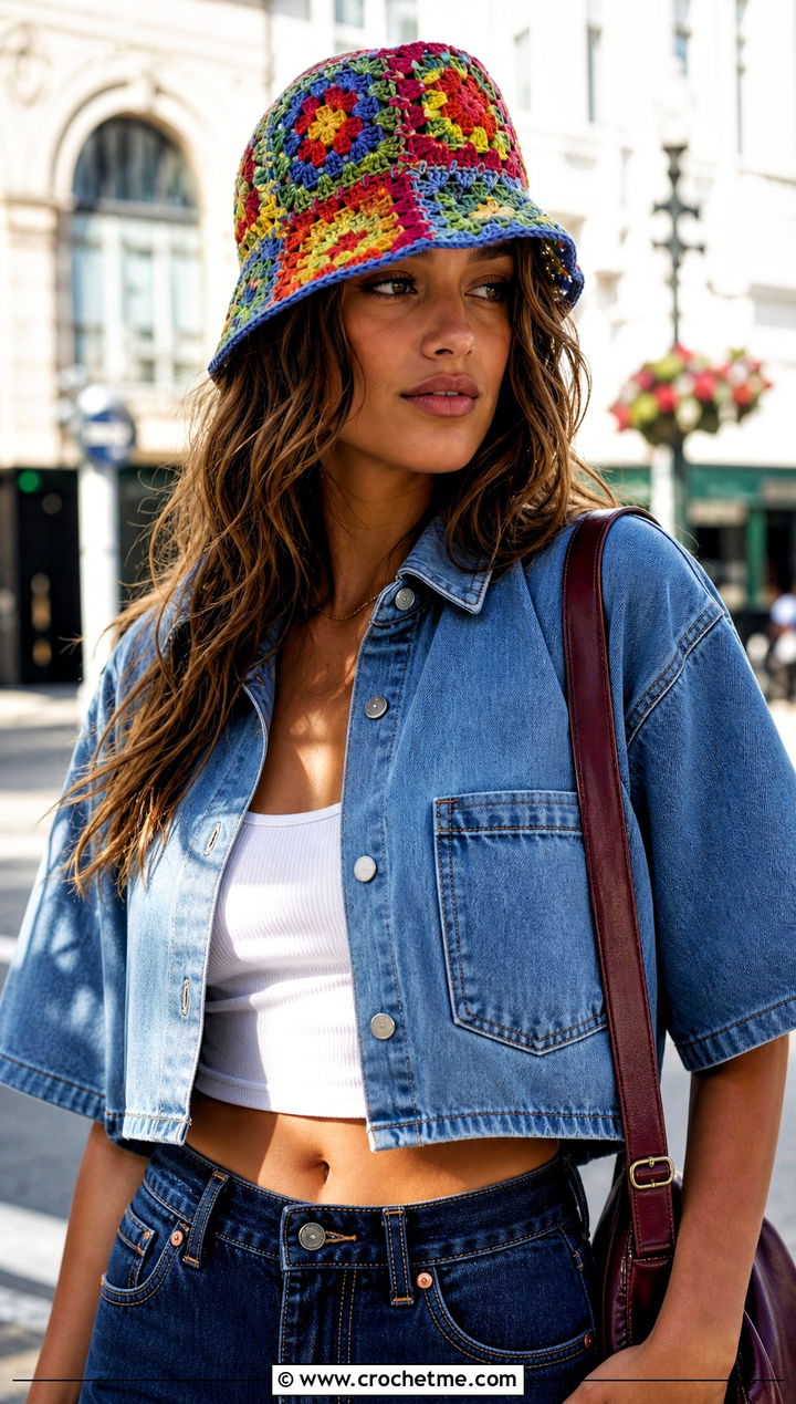 Multicolor Granny Square Mesh Bucket Hat With Double Denim - 30 crochet mesh bucket hat outfit ideas