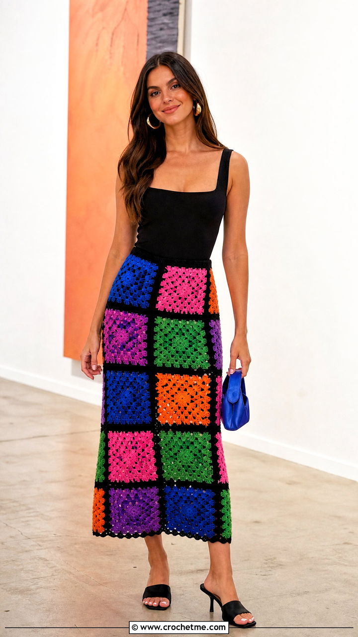 Multicolor Granny Square Midi Skirt With Bodysuit - 35 crochet birthday outfit ideas