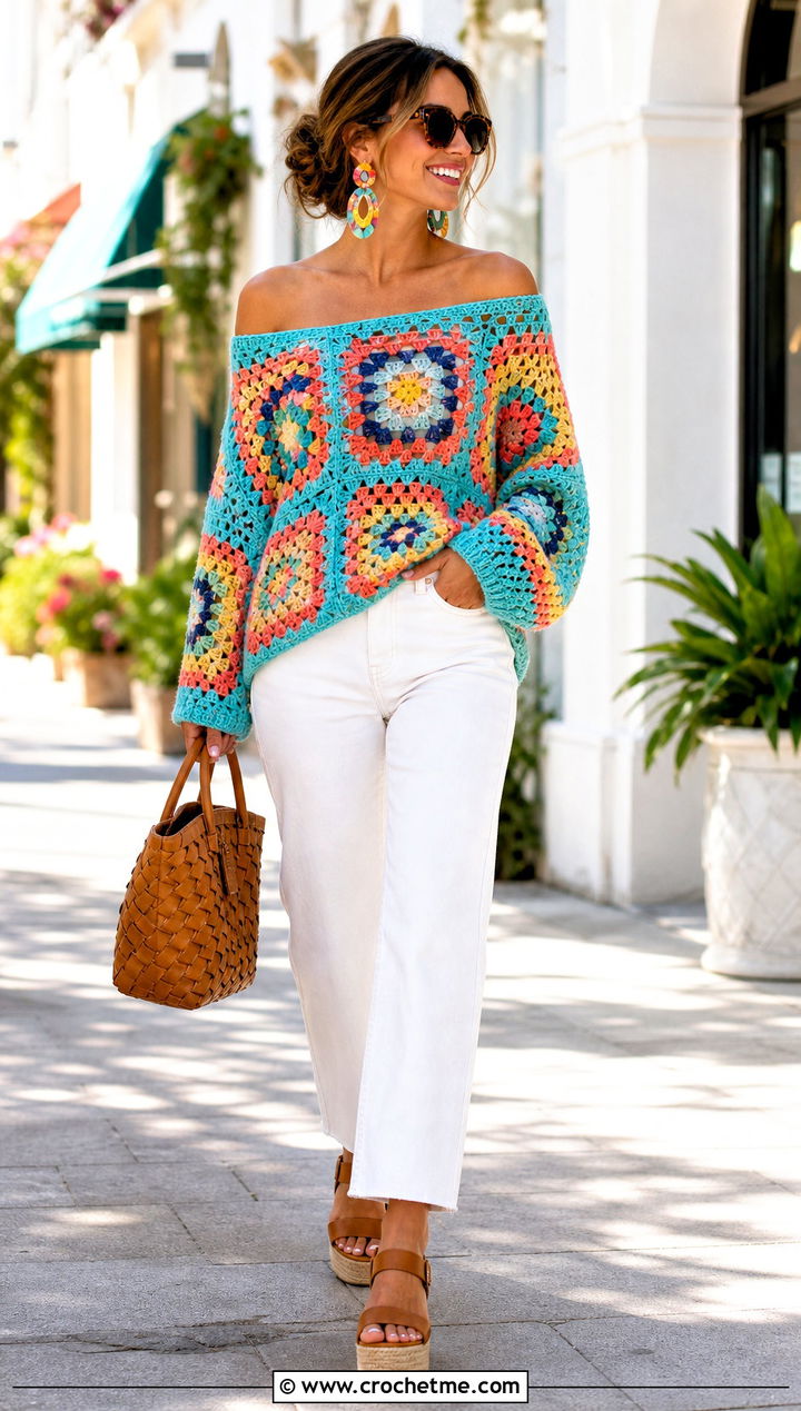 Multicolor Granny Square Off The Shoulder Sweater With White Denim - 20 granny square off the shoulder sweater outfit ideas
