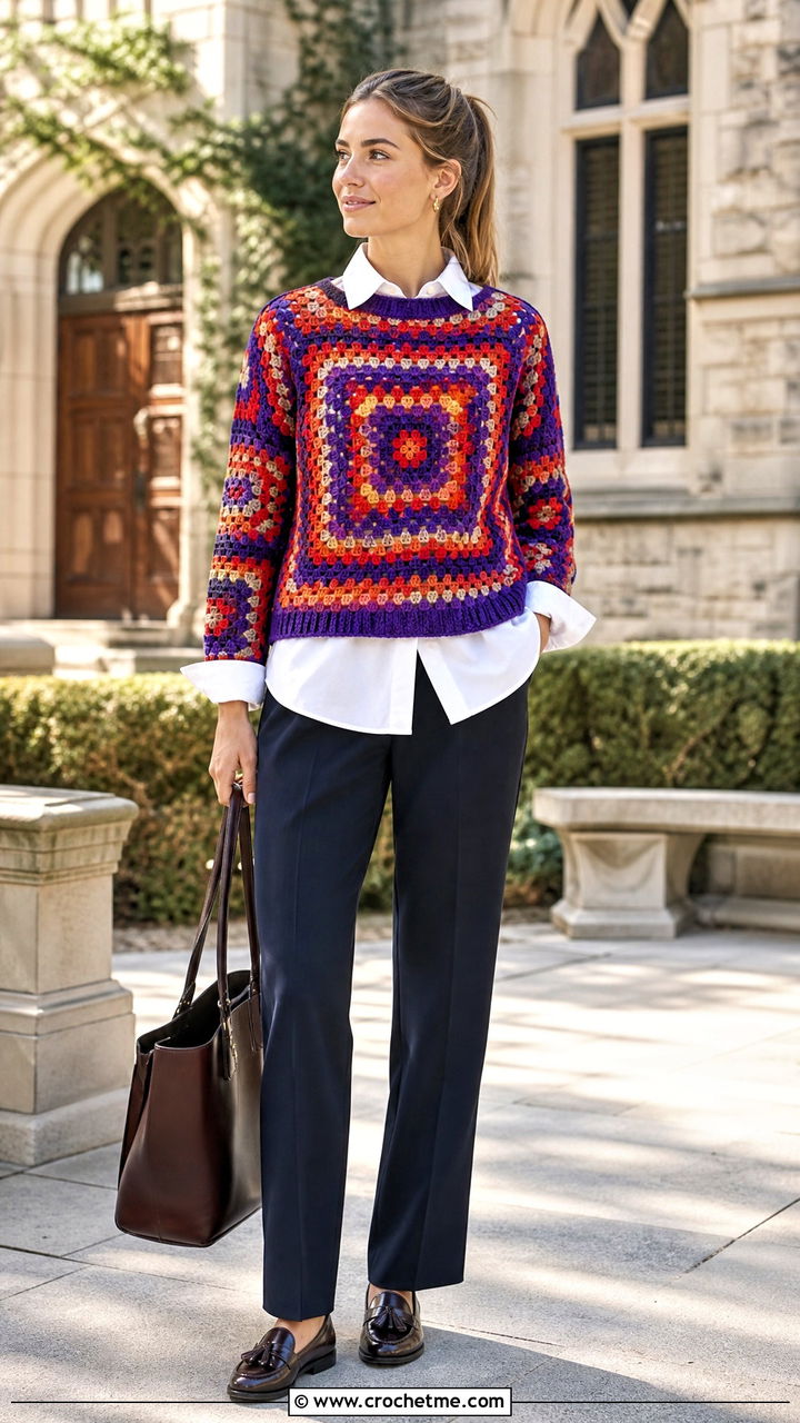 Multicolor Granny Square Pullover With White Shirt - 35 crochet granny square pullover outfit ideas
