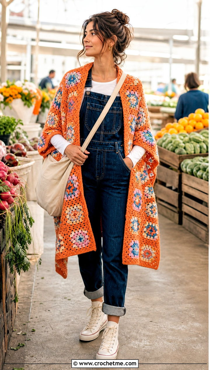 Multicolor Granny Square Shawl With Denim Overalls - 35 granny square shawl outfit ideas