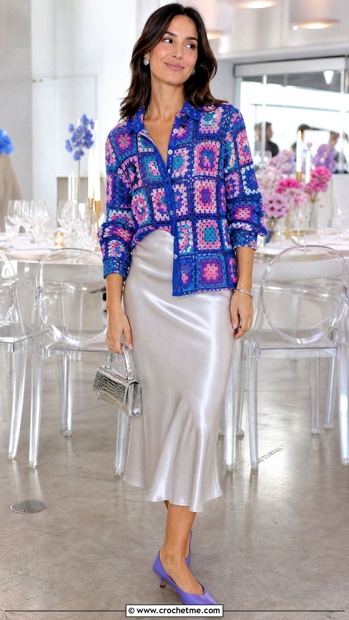 Multicolor Granny Square Shirt With Silver Midi Skirt - 35 granny square shirt outfit ideas