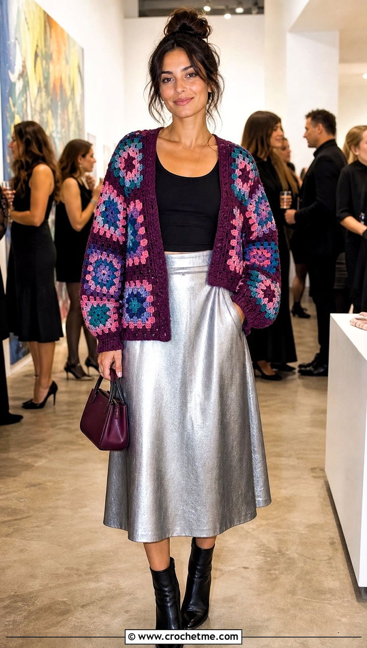 Multicolor Granny Square Shrug With Silver Midi Skirt - 25 Crochet Granny Shrug outfit ideas
