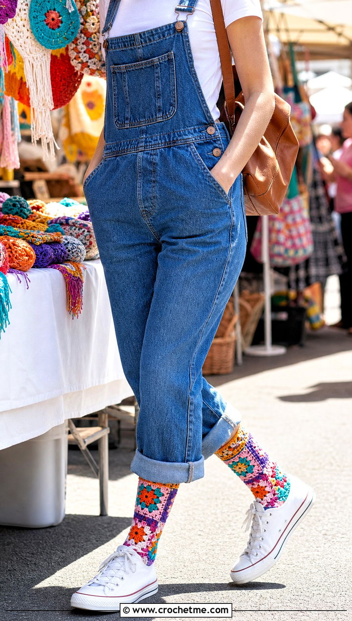 Multicolor Granny Square Socks With Overalls And Canvas Sneakers - 35 crochet granny square socks outfit ideas