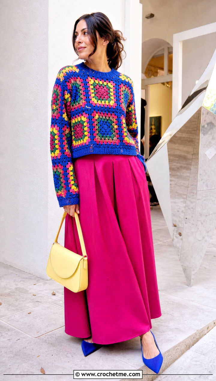 Multicolor Granny Square Sweater With Matching Maxi Skirt - 30 easy granny square sweater outfit ideas