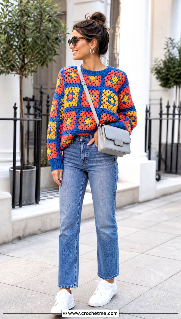 Multicolor Granny Square Sweater With Straight Leg Jeans - 25 Square Crochet Sweater outfit ideas