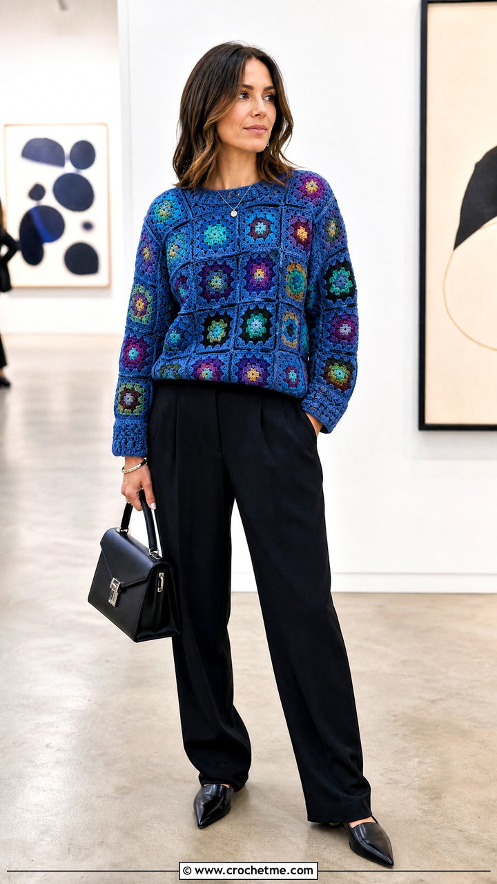 Multicolor Granny Square Sweater With Suit Trousers - 35 granny square sweater outfit ideas