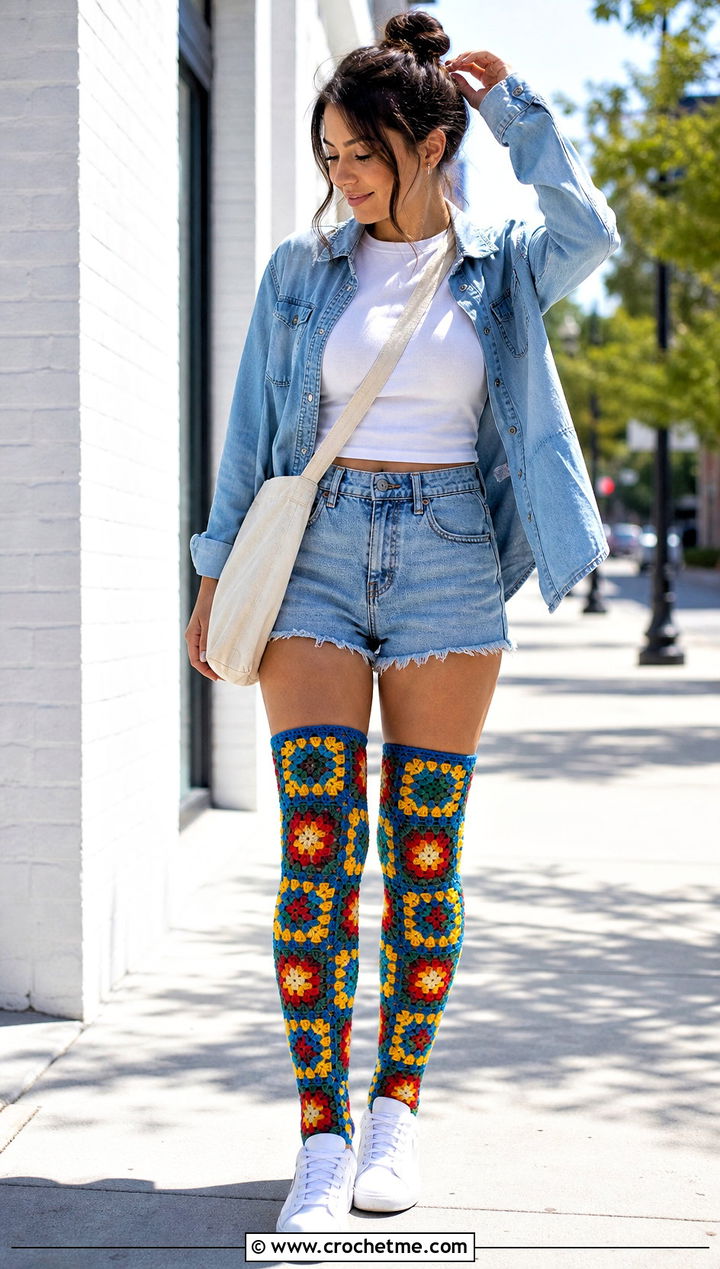 Multicolor Granny Square Thigh High Socks With Denim Shorts - 25 granny square thigh high socks outfit ideas