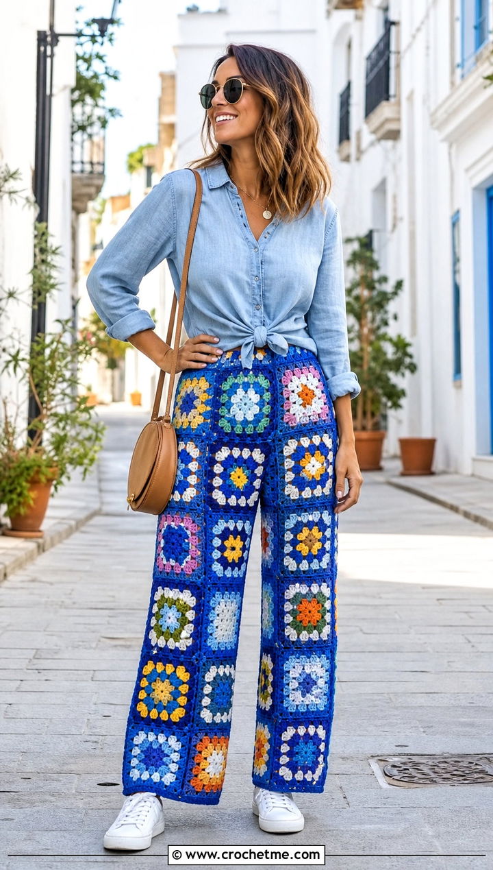 Multicolor Granny Square Trousers With Chambray Shirt - 35 granny square trousers outfit ideas